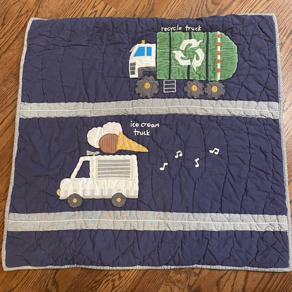 Pottery Barn Kids Busy Trucks Pillow Quilted Sham Euro Ice Cream Recycle Navy - Picture 1 of 6